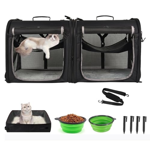 Wakytu 2-in-1 Faltbare Katzentransportbox Katze Auto Transport für Zwei Katzen Kleiner Hund Doppel-Haustiertragetasche Hochwertiger Stoff Good Stabilität Hundeautositz Reise Outdoor Camping ﻿ von wakytu