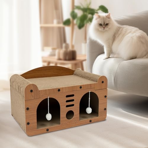 Katzenhaus, Katzenhaus mit 2 Spielbällen & Höhle, Katzenbett mit Katzenkratzbrett, for Wohnzimmer, Tierhandlung, Katzencafé, 56x30x30cm, Braun Katzenhaus, Katzenhaus mit 2 Spielbällen & Höhle, Katzenbett mit Katzenkratzbrett, for Wohnzimmer, Tierhandlung, Katzencafé, 56x30x30cm, Braun von wanwanper