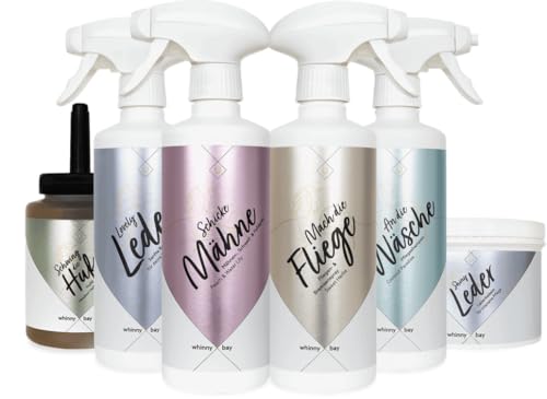 whinny X bay Pflegemittel Set - Mähnenspray, Fliegenspray, Sprühshampoo, Huföl & Lederpflege von whinny X bay