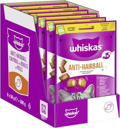 WHISKAS Anti-Hairball Katzensnacks 6 x 50g – Leckere Snacks gegen Haarballen für gesundes Fell von whiskas