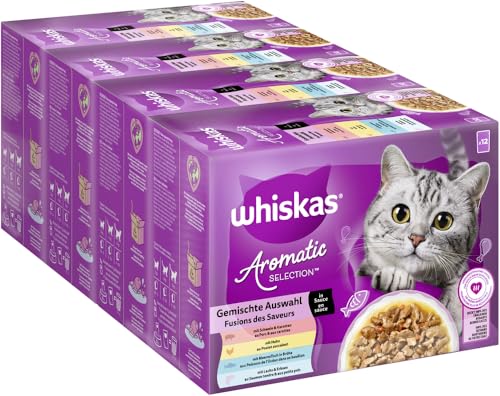 WHISKAS Aromatic Selection Multipack Katzennassfutter 1+, 4 Sorten (Schwein, Huhn, Meeresfisch, Lachs in Sauce), 4x12x85g - Vielfältige Geschmacksrichtungen für Katzen von whiskas