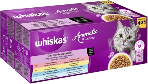 WHISKAS Aromatic Selection Multipack Katzennassfutter 1+, 40x85g - 4 Geschmacksrichtungen: Schwein, Huhn, Lachs, Meeresfisch in Sauce von whiskas