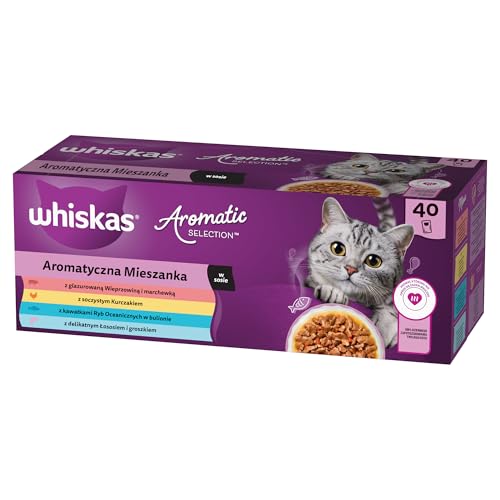 WHISKAS Aromatic Selection Multipack Portionsbeutel 1+ Gemischte Auswahl 4 Varietäten Schwein, Huhn, Meeresfisch, Lachs in Sauce 40 x 85g von whiskas