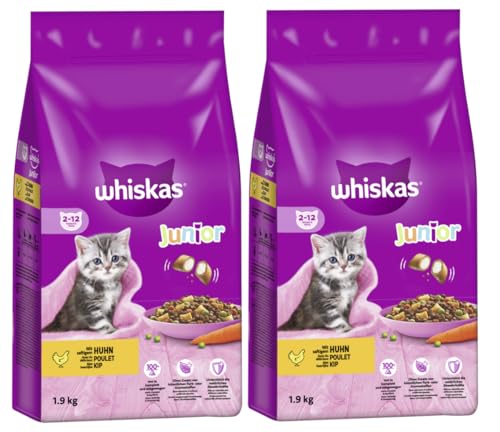 WHISKAS Beutel Katzenfutter Trockenfutter (2X 1900g, Junior mit Huhn) von whiskas