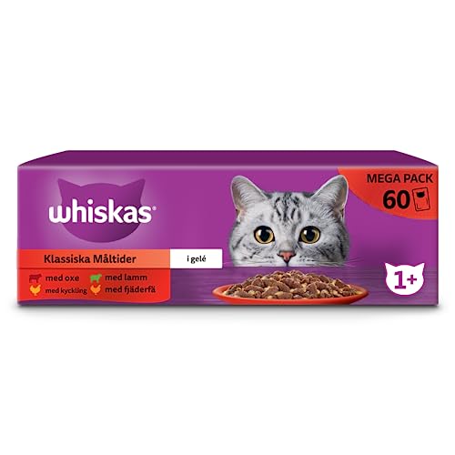 WHISKAS Die klassischen Mahlzeiten (4 Sorten) für Katzen – 60 Frischebeutel – Nassfutter für Erwachsene in Gelee – komplettes & ausgewogenes Nassfutter, auch für sterilisierte Katzen geeignet von whiskas