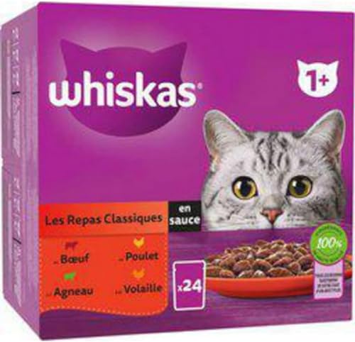 WHISKAS Frische Beutel mit klassischen Mahlzeiten in Sauce, 4 Sorten, für ausgewachsene Katzen, 24 x 85 g von whiskas