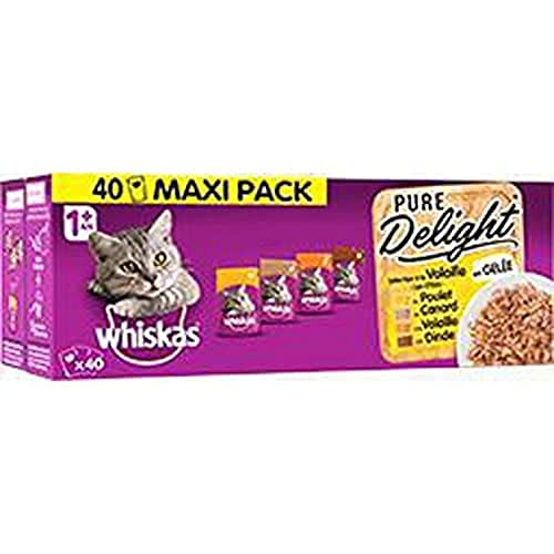 WHISKAS Katzenfutter – 40 Beutel Frische 85 g – Nassfutter für Katzen in Gelee – Huhn/Truthahn/Ente/Geflügel – Pure Delight – Vollnahrung & ausgewogenes Futter mit natürlichen Inhaltsstoffen von whiskas