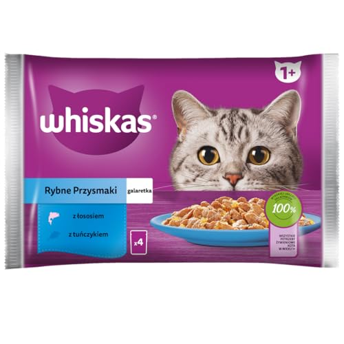 WHISKAS Mahlzeit für Katzen – 52 Frischebeutel (13 Packungen 4 x 85 g) – Lieblingsfische (2 Sorten) – Nassfutter für ausgewachsene Katzen in Gelee – komplettes Nassfutter, auch für sterilisierte von whiskas