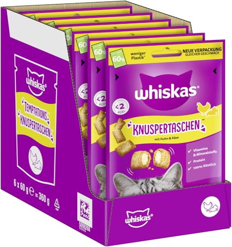 WHISKAS Knuspertaschen Katzensnacks Huhn & Käse 6 x 60g – Snacks mit Huhn und Käse für Katzen von whiskas