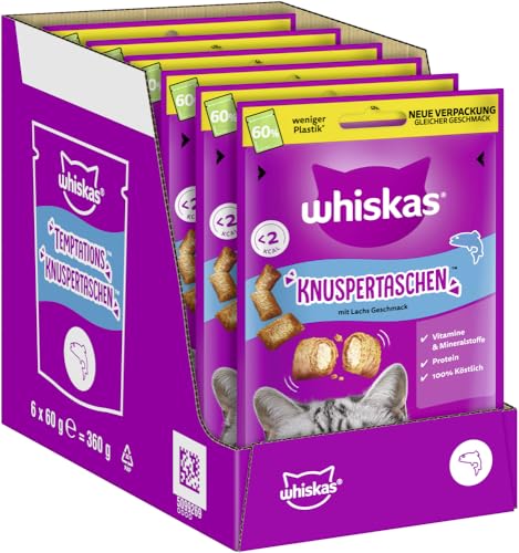 WHISKAS Knuspertaschen Katzensnacks mit Lachs 6 x 60g – Leckere Lachs-Snacks für Katzen von whiskas