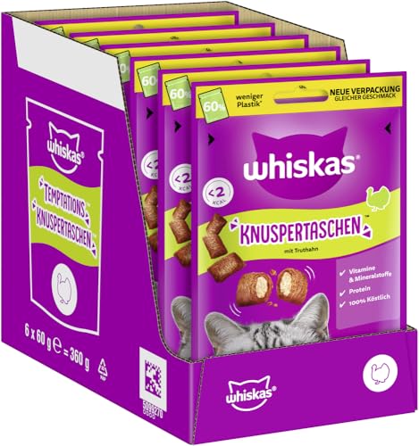 WHISKAS Knuspertaschen Katzensnacks mit Pute 6 x 60g – Knusprige Snacks mit Pute für Katzen von whiskas