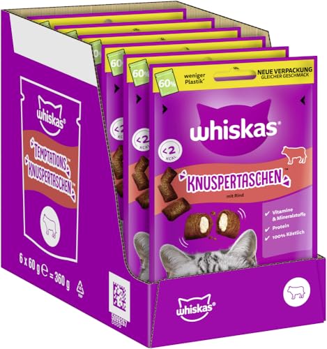 WHISKAS Knuspertaschen Katzensnacks mit Rind 6 x 60g – Leckere Rind-Snacks für Katzen von whiskas