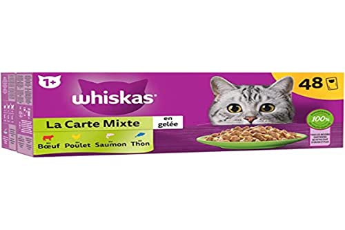 WHISKAS Mahlzeit – 48 Frischebeutel – die gemischte Karte (4 Sorten) – Nassfutter für ausgewachsene Katzen in Gelee – komplettes & ausgewogenes Nassfutter, geeignet für sterilisierte Katzen von whiskas