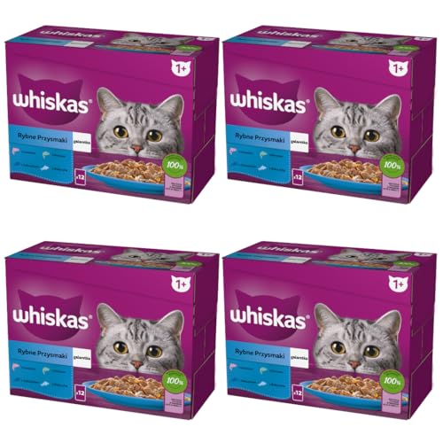 WHISKAS Mahlzeit für Katzen – 48 Frischebeutel (4 Packungen mit 12 x 85 g) – Lieblingsfische (4 Sorten) – Nassfutter für ausgewachsene Katzen in Gelee von whiskas