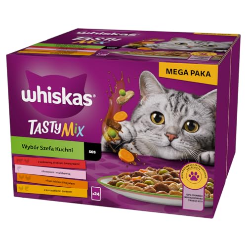 WHISKAS Mahlzeit für Katzen – 48 Frischebeutel (4 Packungen mit 12 x 85 g) – Tasty Mix Auswahl du Chef (4 Sorten) – Nassfutter für ausgewachsene Katzen in Sauce – komplettes & ausgewogenes Nassfutter von whiskas