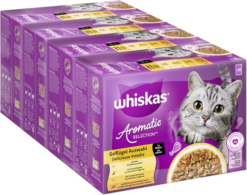 WHISKAS Aromatic Selection Multipack Portionsbeutel 1+ Geflügel Auswahl 4 Varietäten Huhn, Ente, Truthahn, Wild in Sauce 4x12x85g von whiskas