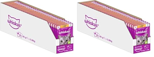 Whiskas 1+ Katzenfutter Hühnchen in Gelee, 28x85g (1 Packung) – Hochwertiges Nassfutter für ausgewachsene Katzen in 28 Portionsbeuteln (Packung mit 2) von whiskas