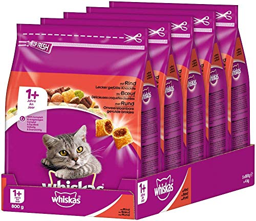 Whiskas 1+ Katzenfutter – Knabberstückchen mit Rind – Hochwertiges Trockenfutter für ausgewachsene Katzen – Beutel (5 x 800g) von whiskas