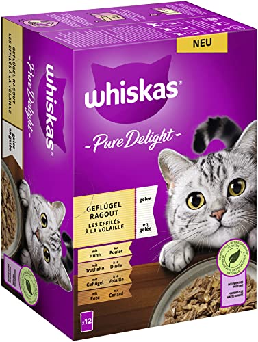 Whiskas 1+ Katzenfutter Pure Delight Geflügel Auswahl in Gelee, 12x85g (1 Packung) – Hochwertiges Nassfutter für ausgewachsene Katzen in 12 Portionsbeuteln von whiskas