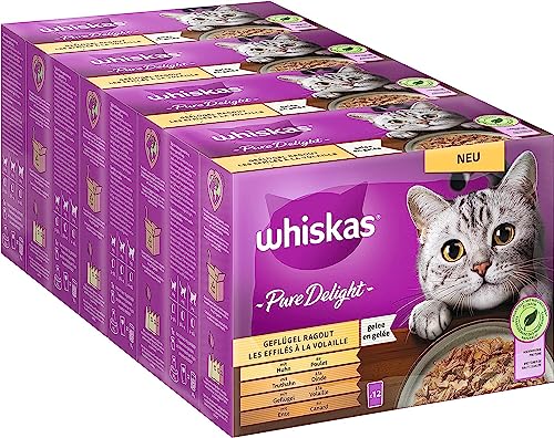 Whiskas Adult 1+ Katzenfutter Pure Delight Geflügel Auswahl in Gelee, 4x12x85g (4 Packungen) – Hochwertiges Nassfutter für ausgewachsene Katzen in 48 Portionsbeuteln von whiskas