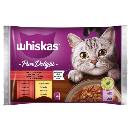 Whiskas Adult 1+ Katzenfutter Pure Delight Geflügel in Gelee mit Rind und Huhn, 20 Portionsbeutel, 5x4x85g, Hochwertiges Nassfutter für ausgewachsene Katzen von whiskas