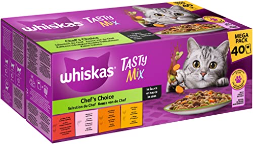 Whiskas 1+ Katzenfutter Tasty Mix Chef´s Choice in Sauce, 40x85g (1 Packung) – Hochwertiges Nassfutter für ausgewachsene Katzen in 40 Portionsbeuteln von whiskas