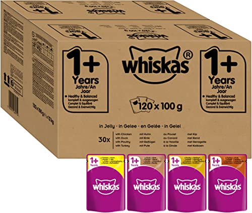 Whiskas 1+ Katzennassfutter – Geflügel Auswahl in Gelee – Hochwertiges Feuchtfutter für ausgewachsene Katzen im Portionsbeutel – Katzenfutter – Großpackung (120 x 100g) von whiskas