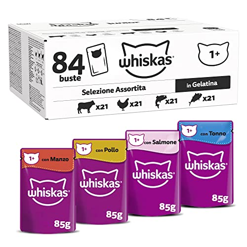 Whiskas Adult 1+ Katzennassfutter Gemischte Auswahl in Gelee, 84 Portionsbeutel, 84x85g (1 Großpackung) – Hochwertiges Katzenfutter nass, für ausgewachsene Katzen von whiskas