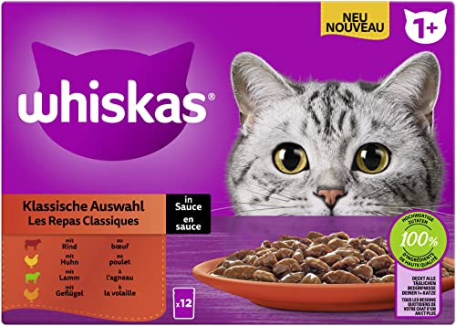 Whiskas 1+ Katzennassfutter – Klassische Auswahl in Sauce, 12x85g (1 Packung) – Hochwertiges Nassfutter in 12 Portionsbeuteln für eine glückliche Katze ab 1 Jahr von whiskas