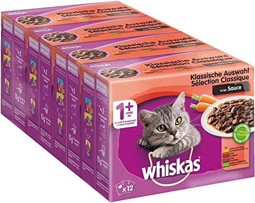Whiskas 1+ Katzennassfutter – Klassische Auswahl in Sauce – Hochwertiges Nassfutter in 48 Portionsbeuteln für eine glückliche Katze ab 1 Jahr – Katzenfutter – 4er Pack (4 x 12 Portionsbeutel à 100g) von whiskas