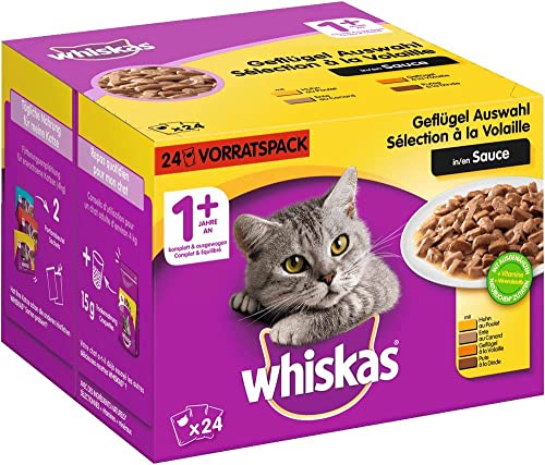 Whiskas 1+ Katzennassfutter – Schmackhaftes Nassfutter in 48 Portionsbeuteln für eine gesunde Katze ab 1 Jahr – Geflügel Auswahl in Sauce – Katzenfutter – 2er Pack (2 x 24 Portionsbeutel à 100g) von whiskas