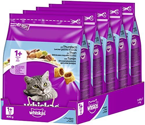 Whiskas 1+ Katzentrockenfutter – Knabberstückchen mit Thunfisch – Hochwertiges Trockenfutter für ausgewachsene Katzen ab 1 Jahr – Katzenfutter – Beutel (5 x 800g) von whiskas