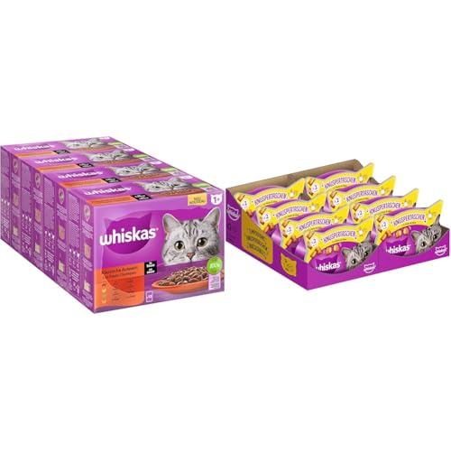 Whiskas 1+ Nassfutter Klassische Auswahl in Sauce, 48x85g, für ausgewachsene Katzen + Whiskas Crunch Bags Katzensnacks Huhn & Käse, 1x60g von whiskas