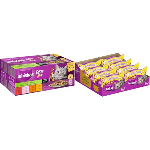 Whiskas 1+ Tasty Mix Chef's Choice in Sauce, 40x85g, Nassfutter für ausgewachsene Katzen + Whiskas Crunch Bags Katzensnacks Huhn & Käse, 60g von whiskas