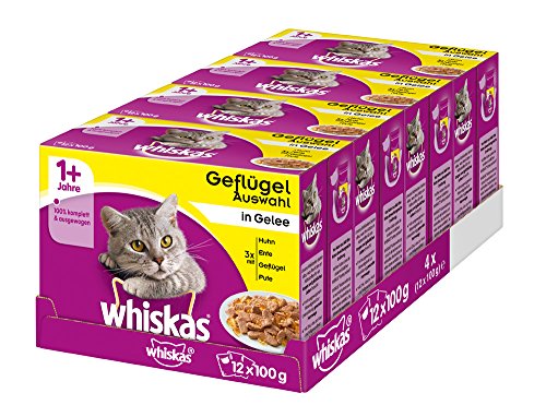Whiskas 1 + Katzenfutter – Geflügel-Auswahl in Gelee – Hochwertiges Feuchtfutter für ausgewachsene Katzen – 48 Portionsbeutel à 100g von whiskas