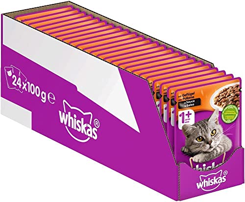 Whiskas 1 + Katzenfutter – Geflügel in Sauce – Hochwertiges Nassfutter für ausgewachsene Katzen – 24 Beutel à 100g von whiskas