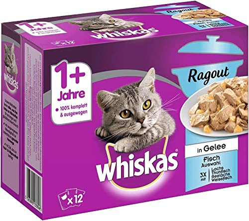 Whiskas 1 + Katzenfutter Ragout – Fisch-Auswahl in Gelee – Abwechslungsreiches Nassfutter in verschiedenen Geschmacksrichtungen – 48 Portionsbeutel à 85g von whiskas