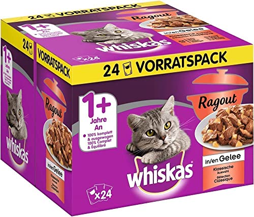 Whiskas 1 + Katzenfutter Ragout – Klassische Auswahl in Gelee – Hochwertiges Nassfutter mit wichtigen Inhaltsstoffen – 2 x 24 Portionsbeutel à 85g von whiskas