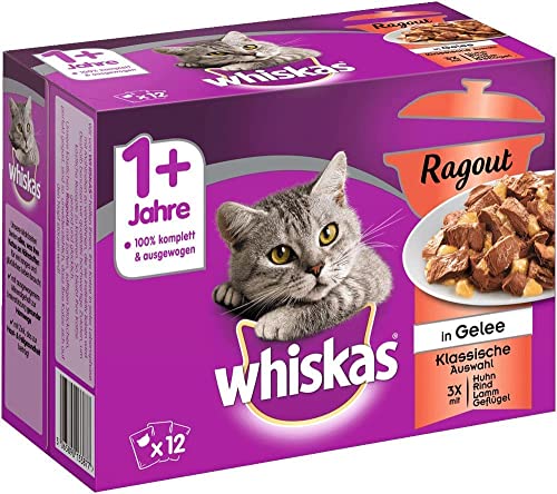 Whiskas 1 + Katzenfutter Ragout – Klassische Auswahl in Gelee – Hochwertiges Nassfutter mit wichtigen Inhaltsstoffen – 48 Portionsbeutel à 85g von whiskas