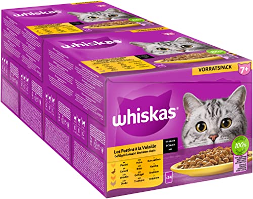 Whiskas 7+ Katzenfutter Geflügel Auswahl in Sauce, 24x85g (2 Packungen) – Hochwertiges Nassfutter ab dem 7. Lebensjahr in 48 Portionsbeuteln von whiskas