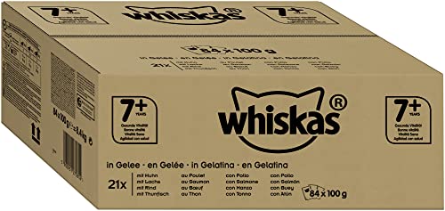 Whiskas 7+ Katzennassfutter – Gemischte Auswahl in Gelee – Hochwertiges Feuchtfutter im Portionsbeutel für Katzen ab 7 Jahren und älter – Katzenfutter – Großpackung (84 x 100g) von whiskas