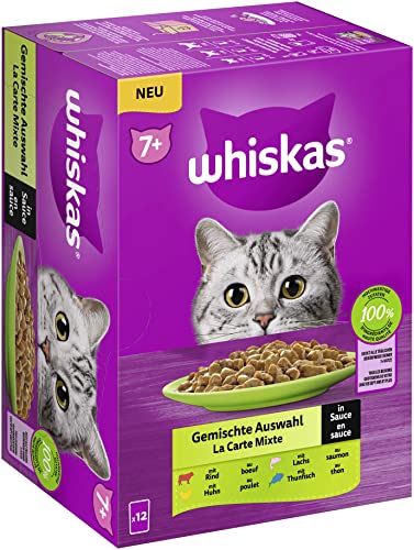 Whiskas 7+ Katzennassfutter – Gemischte Auswahl in Sauce, 12x85g (1 Packung) – Hochwertiges Feuchtfutter in 12 Portionsbeuteln für Katzen ab 7 Jahren und älter von whiskas