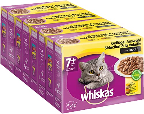 Whiskas 7 + Katzenfutter – Geflügel-Auswahl in Sauce – Hochwertiges Katzenfutter ab dem 7. Lebensjahr und älter – 48 Portionsbeutel à 100g von whiskas