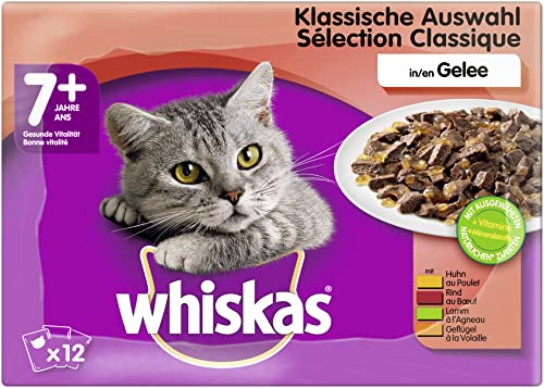 Whiskas 7 + Katzenfutter – Klassische Auswahl in Gelee – Hochwertiges Nassfutter für Katzen ab 7 Jahren und älter – 48 Portionsbeutel à 100g von whiskas