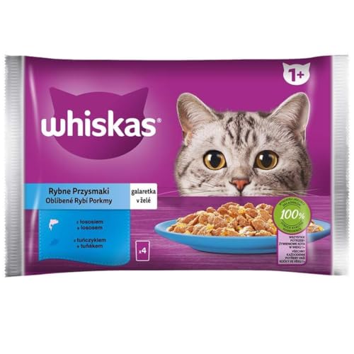 Whiskas Adult 1+ Fisch-Auswahl in Gelee mit Lachs und Thunfisch, 20 Portionsbeutel, 5x4x85g, Hochwertiges Nassfutter für ausgewachsene Katzen von whiskas