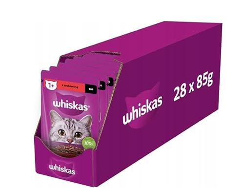 Whiskas Adult 1+ Katzenfutter mit Rind in Soße– Hochwertiges Nassfutter für ausgewachsene Katzen – 28 Beutel à 85g von whiskas