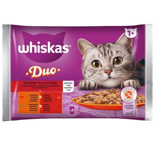 Whiskas Adult 1+ Nassfutter für Katzen Duo Classic Combos in Gelee mit Lamm und Ente, mit Rind und Geflügel 20 Portionsbeutel, 5x4x85g, Hochwertiges Nassfutter für ausgewachsene Katzen von whiskas