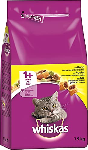 Whiskas Adult 1+ Trockenfutter Huhn, 2x1,9kg - Katzentrockenfutter für erwachsene Katzen - unterschiedliche Produktverpackungen erhältlich von whiskas