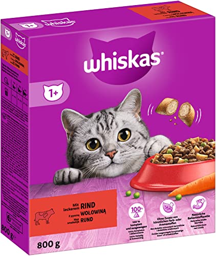 Whiskas Adult 1+ Trockenfutter Rind, 5x800g (5 Packungen) - Katzentrockenfutter für erwachsene Katzen - unterschiedliche Produktverpackungen erhältlich von whiskas