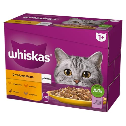 Whiskas adult sachset 12 X 85 G poultry fast – komplettes nassfutter für Erwachsene Katzen, in gelee mit Huhn, Ente, Geflügel und Truthahn von whiskas